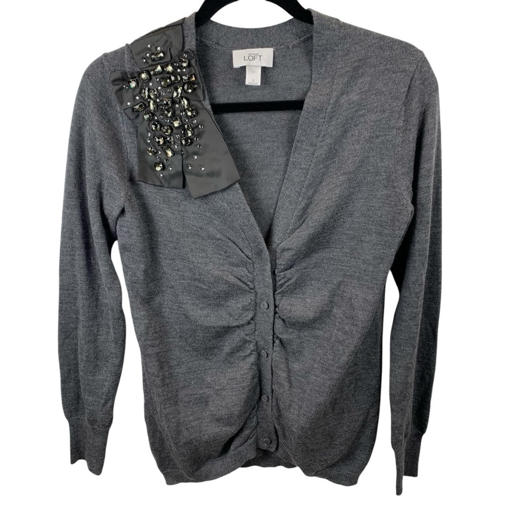LOFT sz S Dark Grey Merino Blend Knit Cardigan Ribbon Bow Rhinestones V-Neck